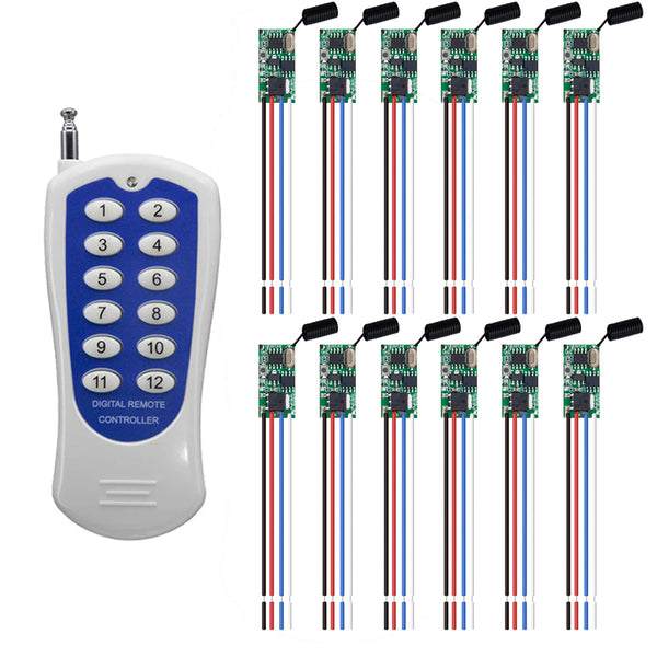 12 Channel 12Buttons Key RF433 Wireless Remote Controller Radio Controller Transmitter Receiver Fittings 433MHZ DC 12V Receiver 1527 code