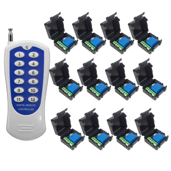 12 Channel 12Buttons Key RF433 Wireless Remote Controller Radio Controller Transmitter Receiver Fittings 433MHZ DC 12V Receiver 1527 code