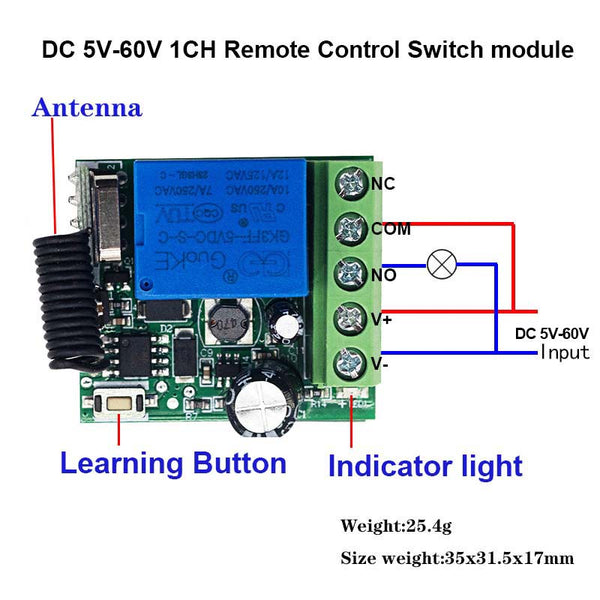 KR3001A RF 433MHz Remote control 1 channel Dry contact switch Wide voltage power supply DC 5v 9v 12v 24v 36v 48v 60v 10A relay 1ch