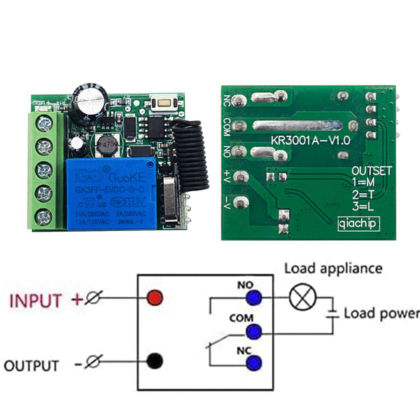KR3001A RF 433MHz Remote control 1 channel Dry contact switch Wide voltage power supply DC 5v 9v 12v 24v 36v 48v 60v 10A relay 1ch