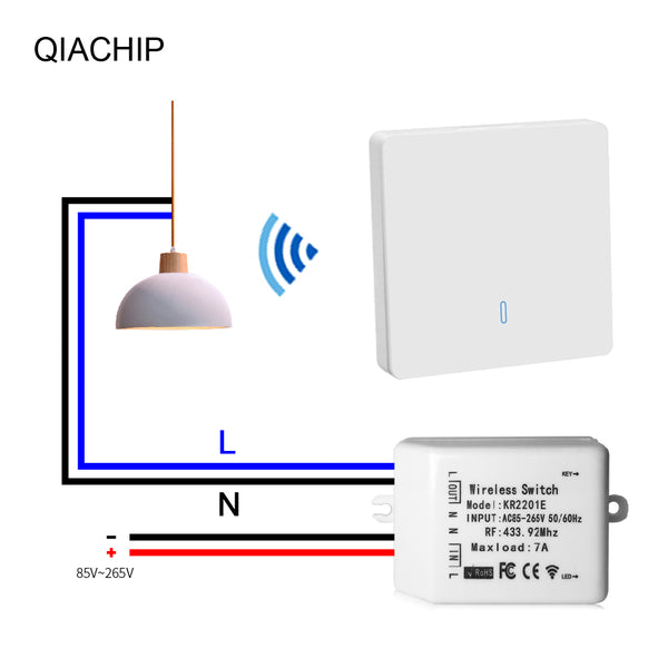 QIACHIP high quality mini Wireless switch universal AC 85-265V 1CH relay Wireless Remote Control Receiver 433.92 MHz KR8601-1w+KR2201E