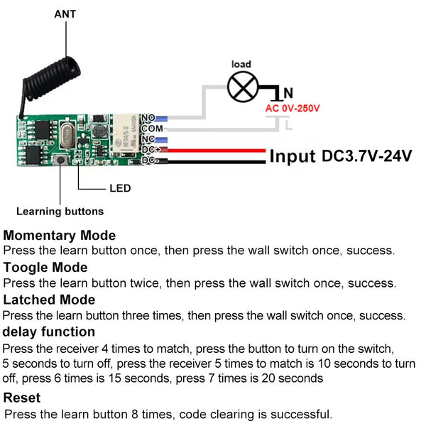 KR1201MINI2-V05B Mini Relay Remote control DC3V 5V 9V 12V 24V ALL compatible Dry contact 2A load current RF 433MHz Remote control switch