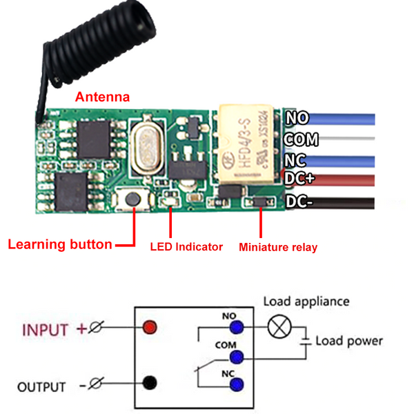 KR1201MINI2-V05B Mini Relay Remote control DC3V 5V 9V 12V 24V ALL compatible Dry contact 2A load current RF 433MHz Remote control switch