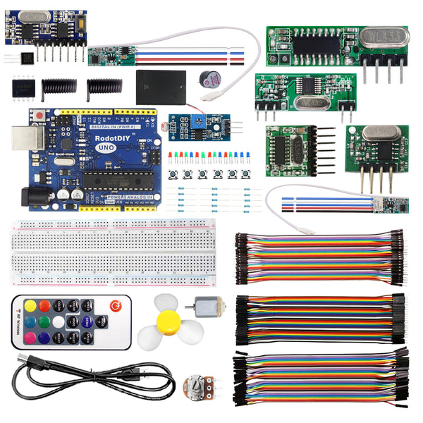 Arduino Development Board, RF 433MHz Wireless Transmitter Module, Receiver Module, Motor, Temperature and Humidity Sensor, Infrared Sensor Module Beginner Wireless Remote Control DIY Kit, Compatible with ARDUINO UNO R3