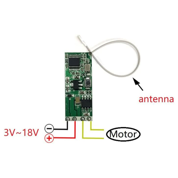 MTD12A-4 DC3V 5V 6V 9V 12V 18V RF433 remote control DC motor forward and reverse module mini size PCB forward rotation reverse controller board switch