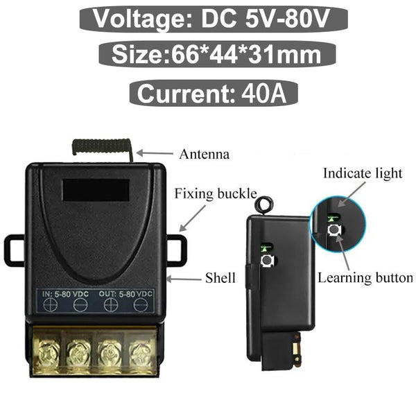 KR8001 DC5V-80V 433Mhz Remote control switch 40A relay Compatible Voltage Range DC 5v 6v 9v 12v 24v 36v 72v 80v High Power long distance for dc motors, pumps, contactors
