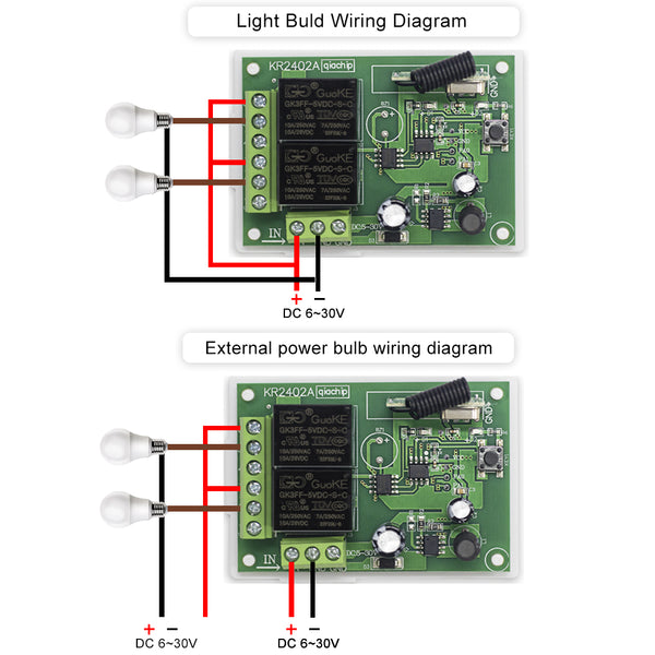 KR2402A RF 433MHZ DC6V 9V 12V 24V 30V 2CH Wireless remote control switch 10A Relay dry contact Circuit 433MHz DIY For forward and reverse DC motors Access Control, Electromagnetic Locks, Magnetic Locks garage door Rolling shutters Curtain motors