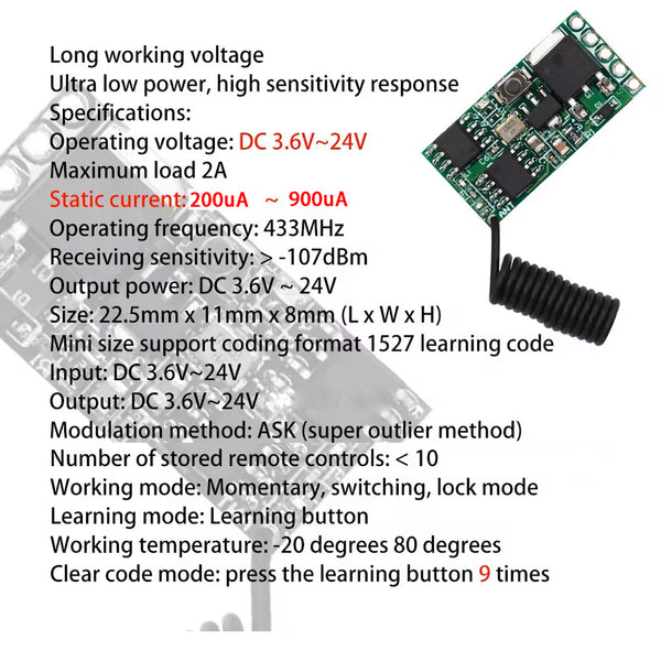 QA-R-019 QA-R-018 RF 433MHz Low-power RF receiver module with a current low as 200µA 1 channel output 2A load current 40W load power mini size remote control switch active contact Compatible voltage DC 3.6V 5V 12V 24V