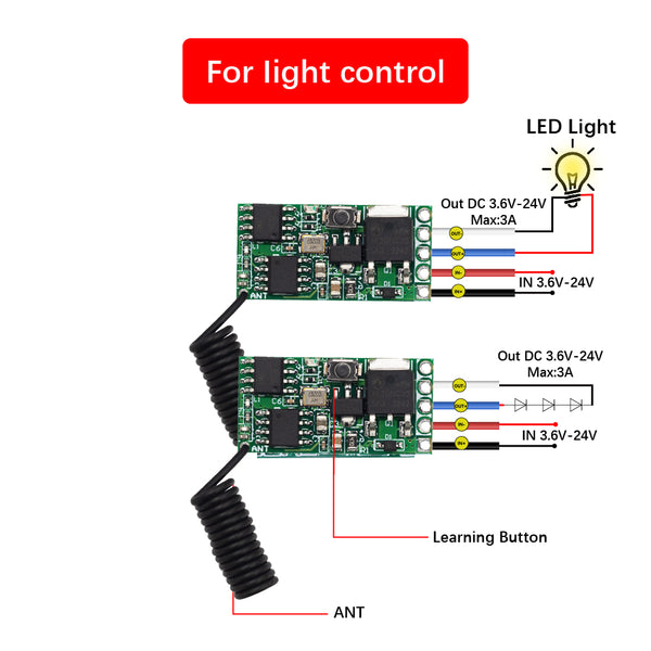 QA-R-019 QA-R-018 RF 433MHz Low-power RF receiver module with a current low as 200µA 1 channel output 2A load current 40W load power mini size remote control switch active contact Compatible voltage DC 3.6V 5V 12V 24V