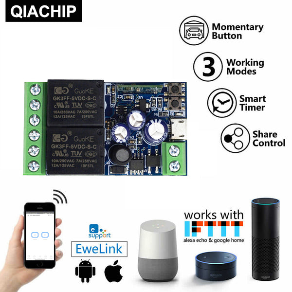 QIACHIP eWelink WiFi Smart Remote control switch Power USB 5V 9V 12V 24V 48V 2 channel Relay controller with 2.4g remote control Suitable for curtain motors Garage doors Roller shutters LED lights for amazon alexa echo ifttt google home assistant