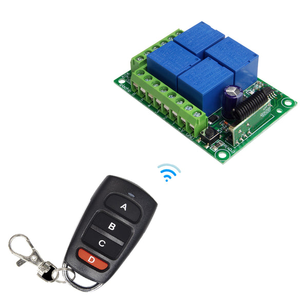 QIACHIP 433Mhz Wireless Remote Control Switch DC 12V 4 CH Relay Receiver Module + RF learning code remote control Transmitter 433Mhz For Garage Door Opener KR1204+2pcs KT16